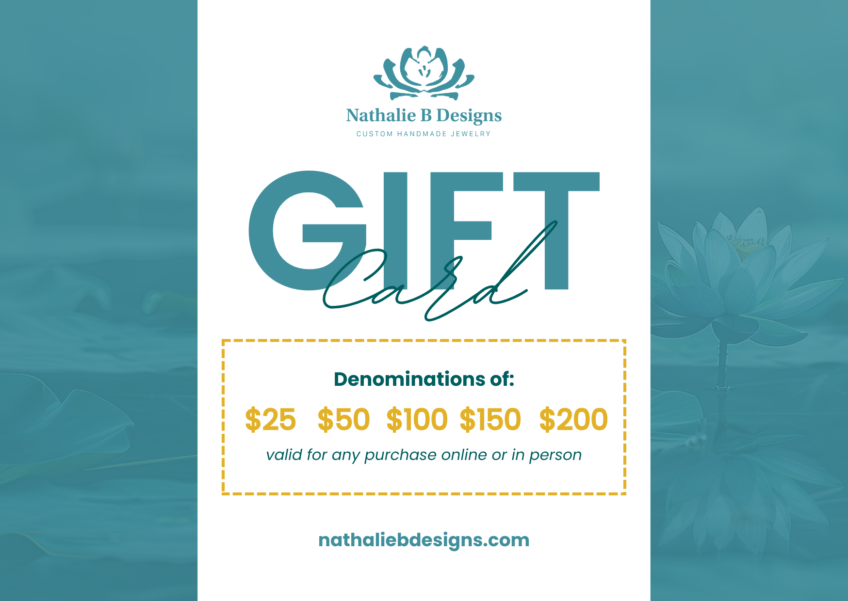 Nathalie B Designs gift card with denominations on a blue and white background