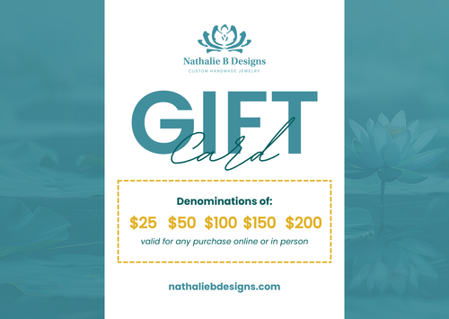 Nathalie B Designs gift card with denominations on a blue and white background